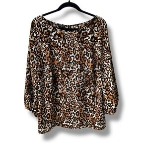 TALBOTS Leopard Print Blouse Tunic Brown Black White 1X